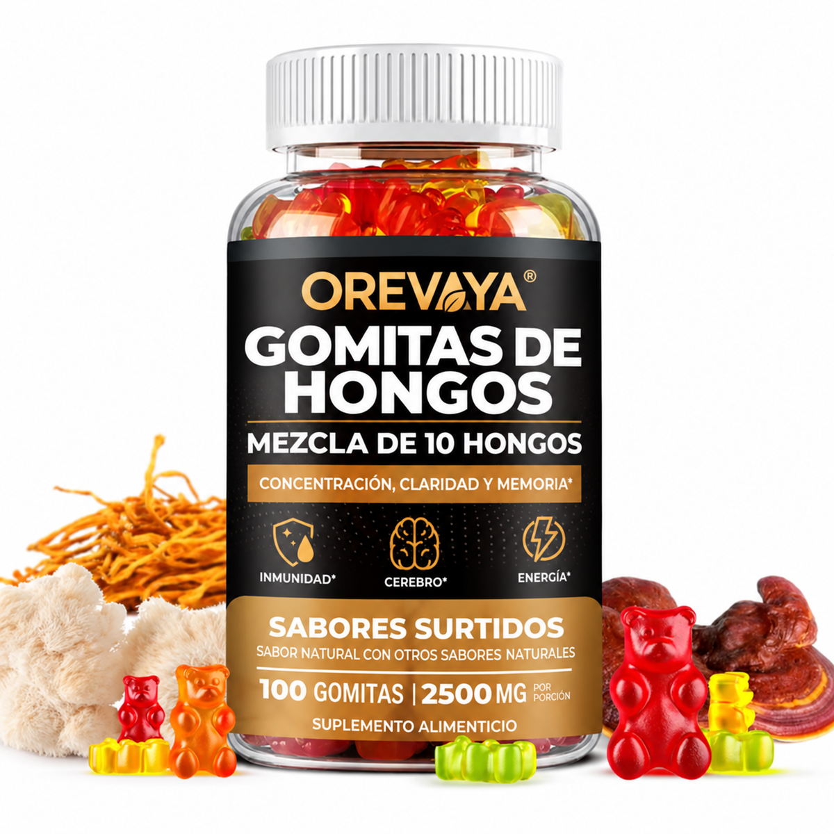 Orevaya — Gomitas de hongos, frasco con 100 gomitas en forma de osito
